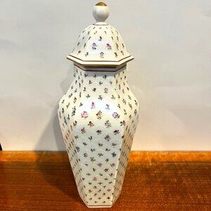 Dresden Germany Porcelain Flowers in Latticework Lidded Covered Vase Canister